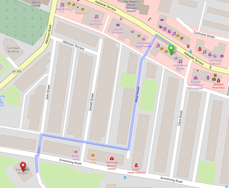 Figure 4.3 Map showing locations of Patchwork 1 (green) and Patchwork 2 (red) and walking route between them