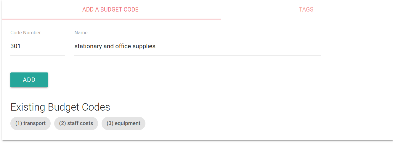 Figure 5.11 - The form to add Budget Codes to Rosemary Accounts