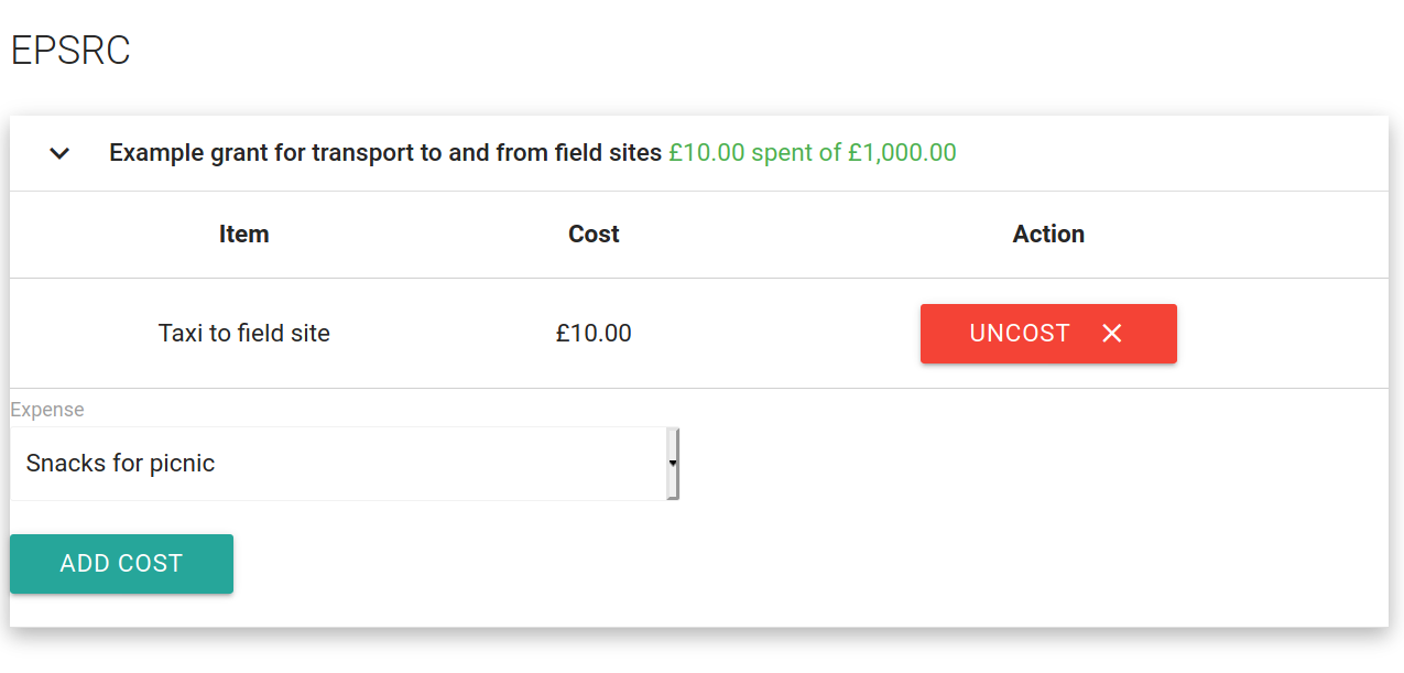 Figure 5.20 - The Costing screen in Rosemary Accounts allows a manager to see their funding pots and associate costs to them