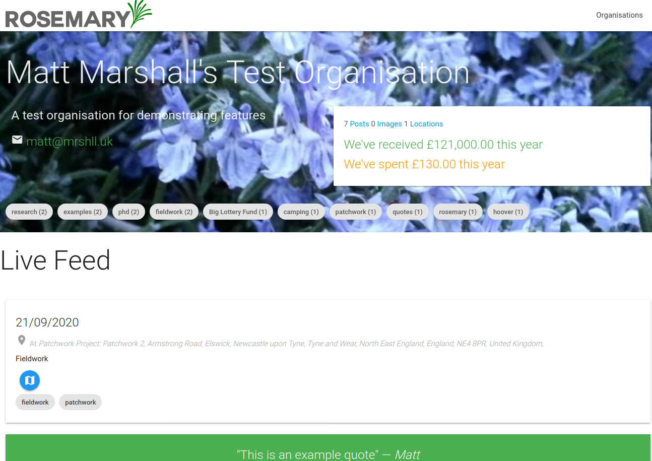 Figure 5.24 - The Live Feed of an organisation’s profile page on Rosemary Accounts