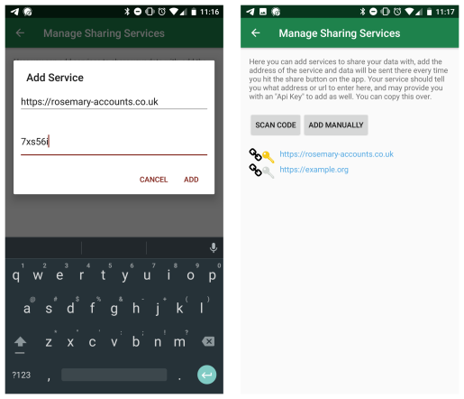 Figure 5.7 - Left: Adding an endpoint manually with a token. Right: Multiple endpoints shown on the Manage Sharing screen, one with a yellow key to indicate a token